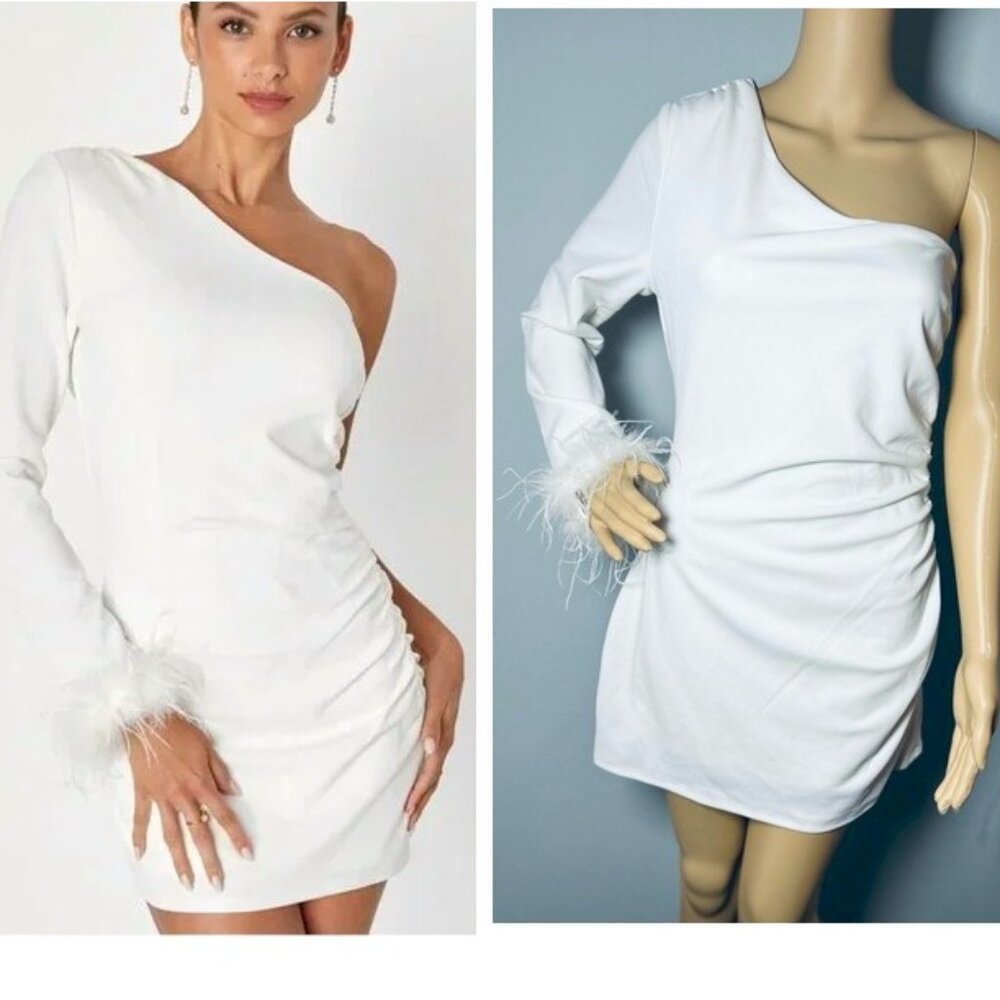 Lulus Fabulous Romance White One-Shoulder Feather Mini Dress Size Small NWOT